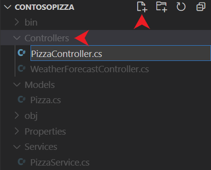 Captura de pantalla de Visual&nbsp;Studio&nbsp;Code de la incorporación de un nuevo archivo a la carpeta Controladores.