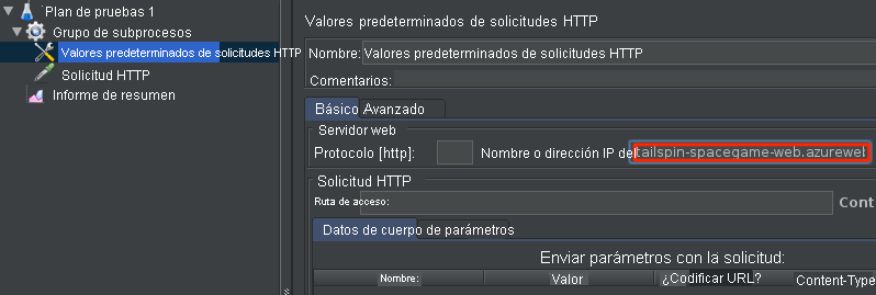 Screenshot that shows specifying the HTTP request in Apache JMeter.