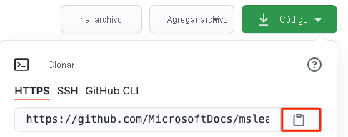 Captura de pantalla de la búsqueda de la dirección URL y el botón Copiar desde el repositorio de GitHub.