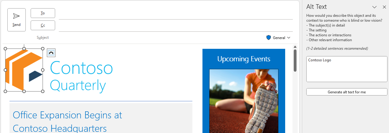 Captura de pantalla del panel Texto alternativo en Outlook.