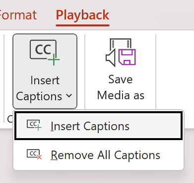 Captura de pantalla del botón Insertar subtítulos de la cinta Opciones de vídeo en PowerPoint.