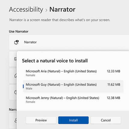 Captura de pantalla de las opciones de voz natural en la pantalla Narrador de accesibilidad.