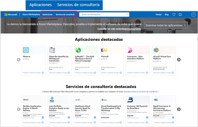 Captura de pantalla de la página principal de Azure Marketplace con énfasis en las aplicaciones y los botones de servicios de consultoría.