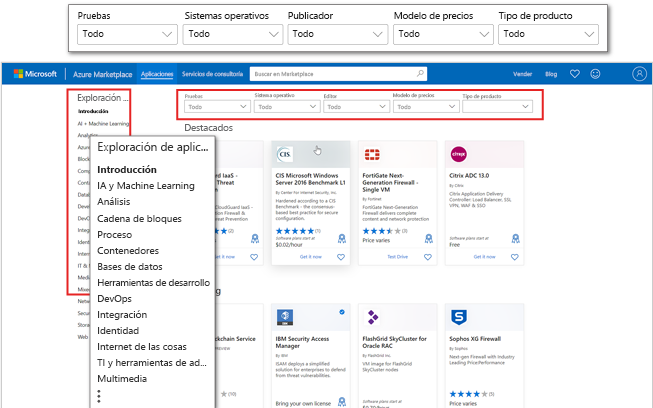 Captura de pantalla de la página de aterrizaje de aplicaciones de Azure Marketplace con énfasis en las categorías y filtros de la aplicación.