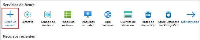 Captura de pantalla de la página principal de Azure Portal con énfasis en el botón Crear un recurso.
