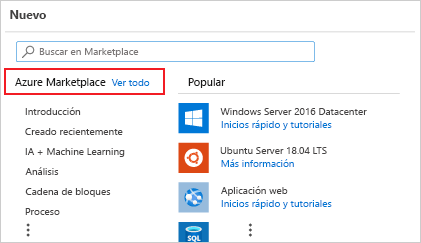Captura de pantalla de la nueva página de recursos en el portal de Azure con Azure Marketplace.