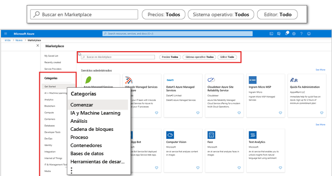 Captura de pantalla de Azure Marketplace en Azure Portal con énfasis en las categorías y filtros de la aplicación.