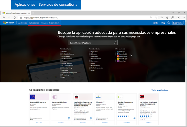 Captura de pantalla de la página principal de Microsoft AppSource con énfasis en las aplicaciones y los botones de servicios de consultoría.