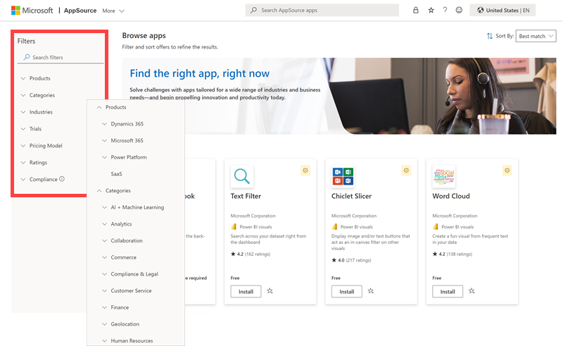 Captura de pantalla de la página de aterrizaje de aplicaciones de Microsoft AppSource con énfasis en las categorías y filtros de la aplicación.
