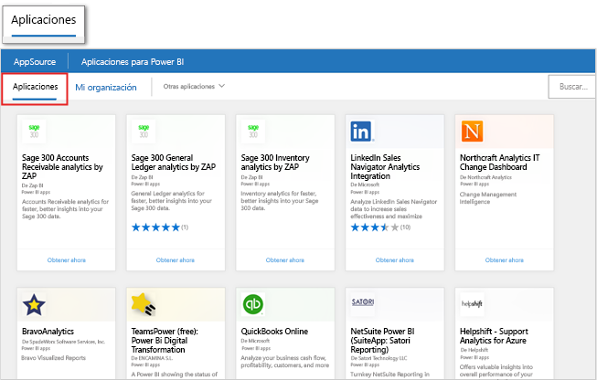 Captura de pantalla de los productos de Microsoft AppSource en la página Obtener aplicaciones dentro de Power BI.