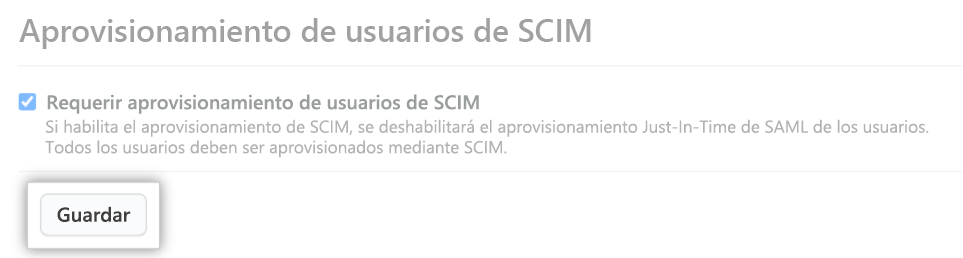 Captura de pantalla de la configuración de SCIM.