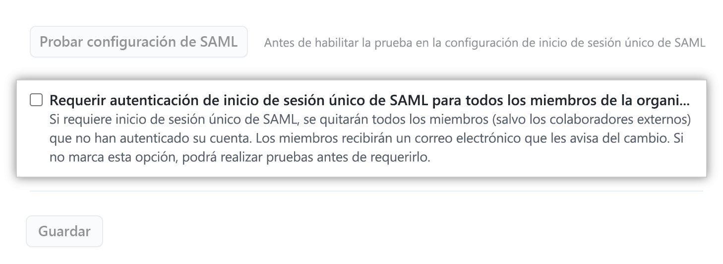 Captura de pantalla de la opción para requerir la autenticación de SSO para todos los miembros de una organización.