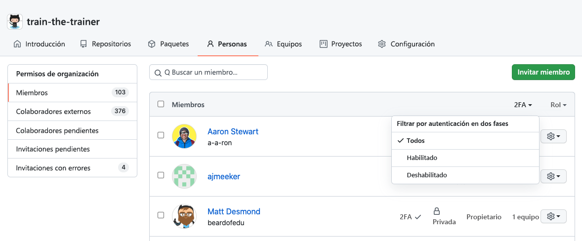 Captura de pantalla de la configuración de seguridad de la cuenta.