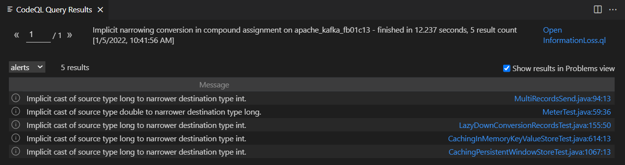 Captura de pantalla de los resultados de consulta de CodeQL.