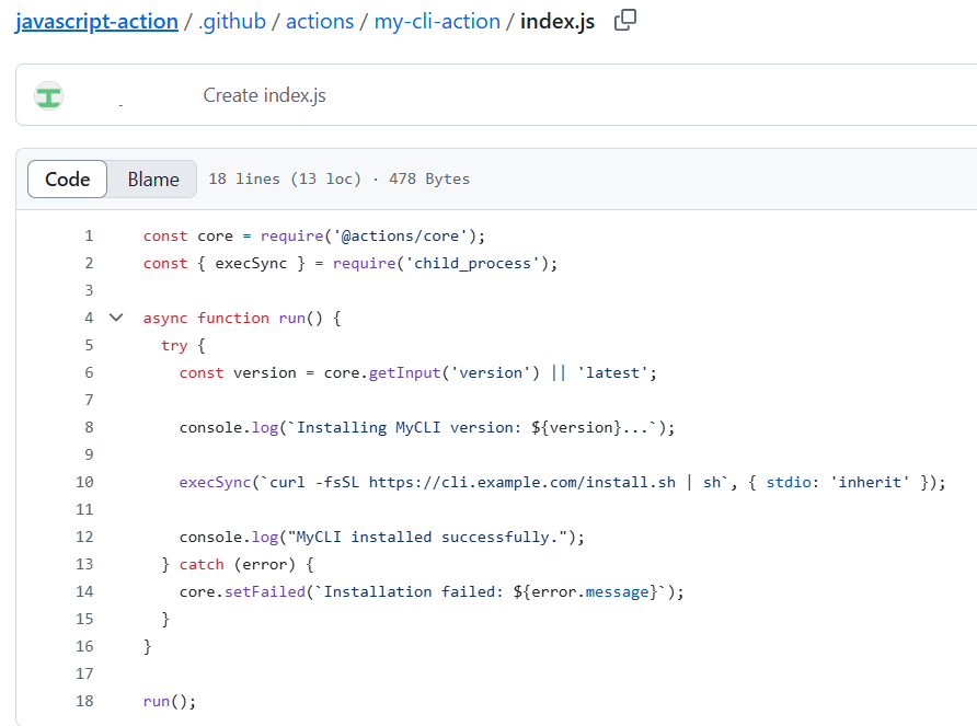 Recorte de pantalla del código JavaScript para index.js en una acción de GitHub.