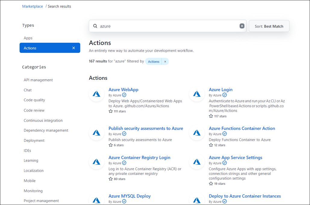 Captura de pantalla de Marketplace de GitHub en la que se muestran los resultados de búsqueda de Azure.