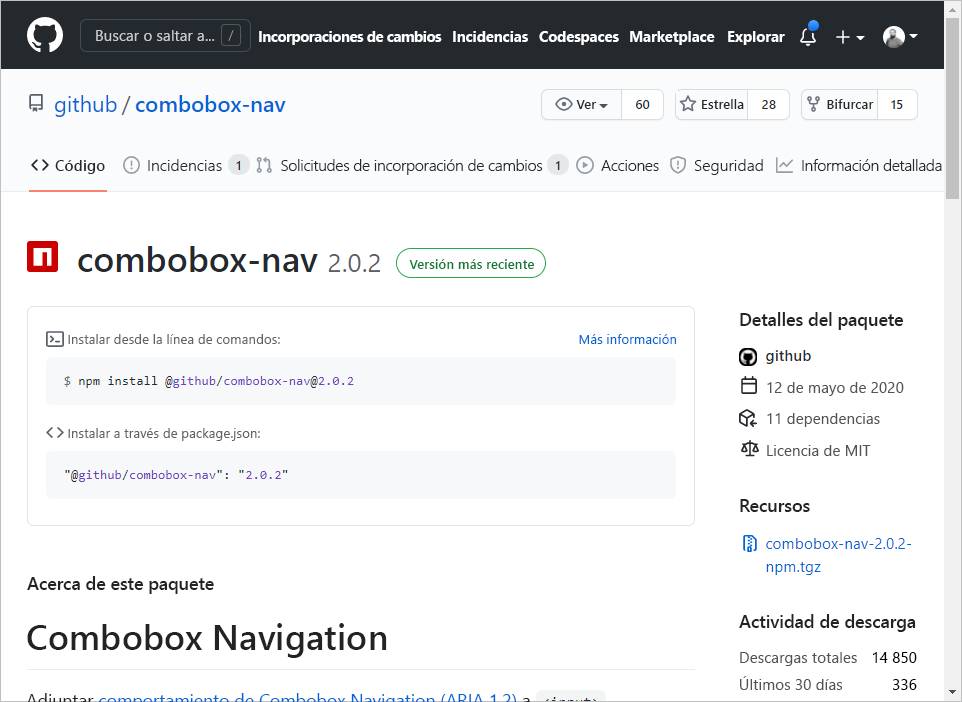 Página del paquete de GitHub n p m, con descripción e instrucciones sobre cómo instalarlo.