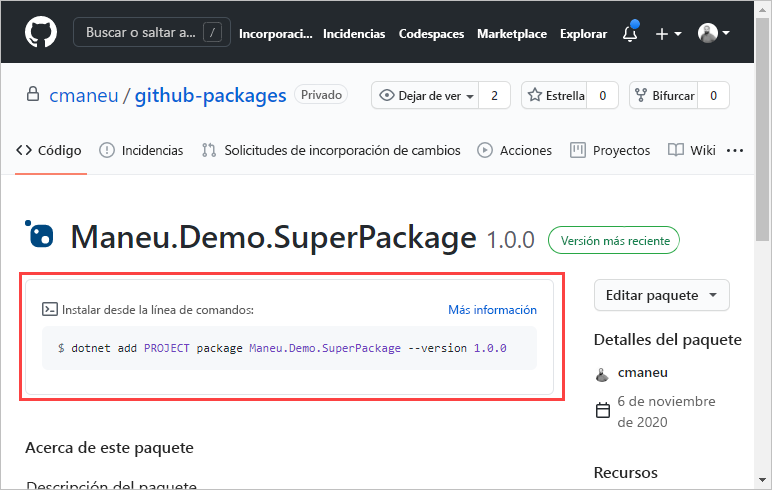 En una página Paquete se muestra información sobre cómo instalarlo en el proyecto, en función del entorno del proyecto.