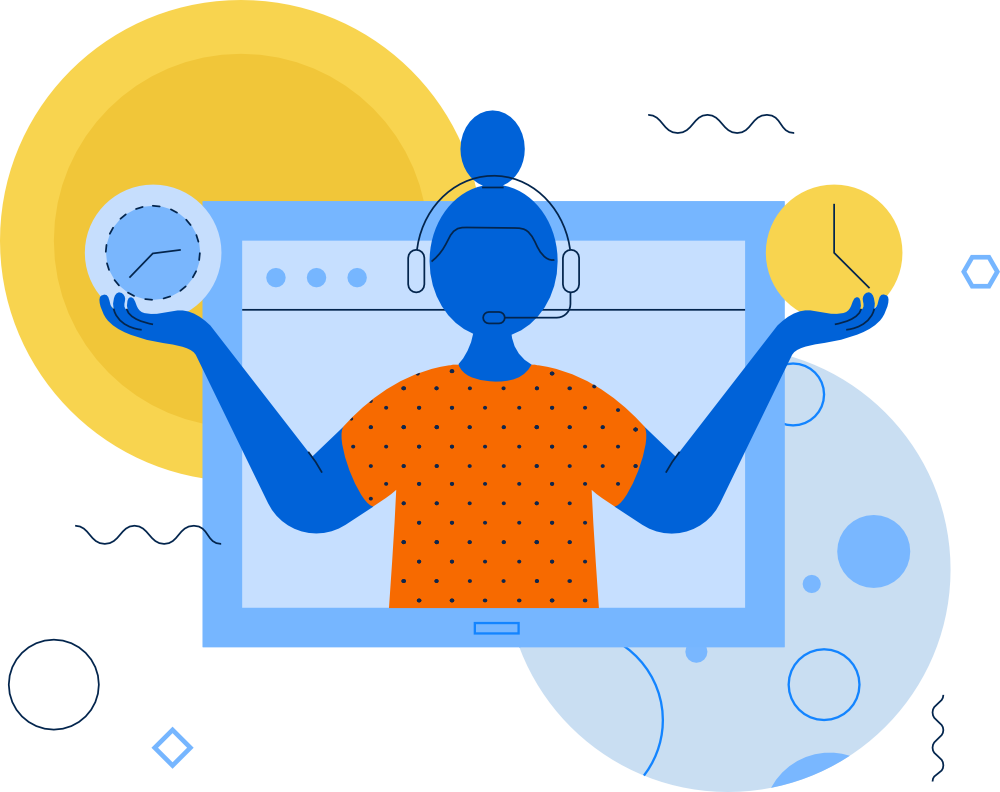 Gráfico que muestra un ingeniero de soporte estilizado, con iconos que representan diferentes horas del día