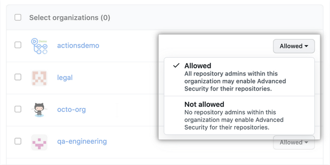 Captura de pantalla de la lista desplegable de la directiva de seguridad de una organización individual.