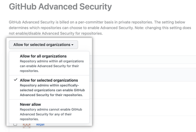 Captura de pantalla de la lista desplegable de directivas de seguridad.
