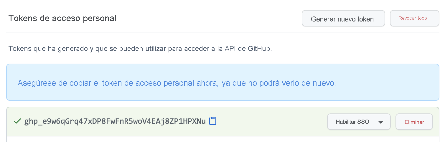Captura de pantalla de la pantalla de token de acceso personal.