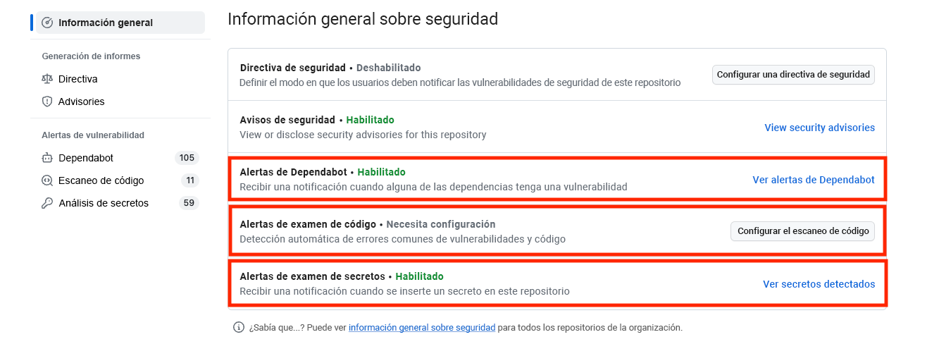 Imagen de la ficha de seguridad con la detección de secretos, el examen de código y las alertas de Dependabot habilitados.