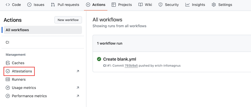 Recorte de pantalla que muestra la configuración de atestaciones en GitHub relacionada con la administración de secretos cifrados.