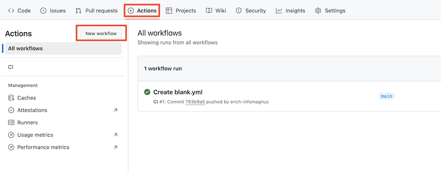 Recorte de pantalla que muestra la creación de un nuevo flujo de trabajo de Acciones de GitHub para administrar secretos cifrados.