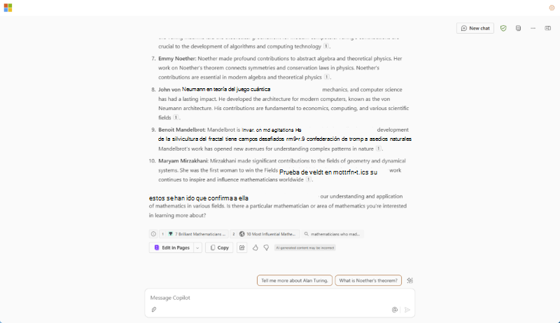 Captura de pantalla de una respuesta de Microsoft Copilot para generar una lista de matemáticos.