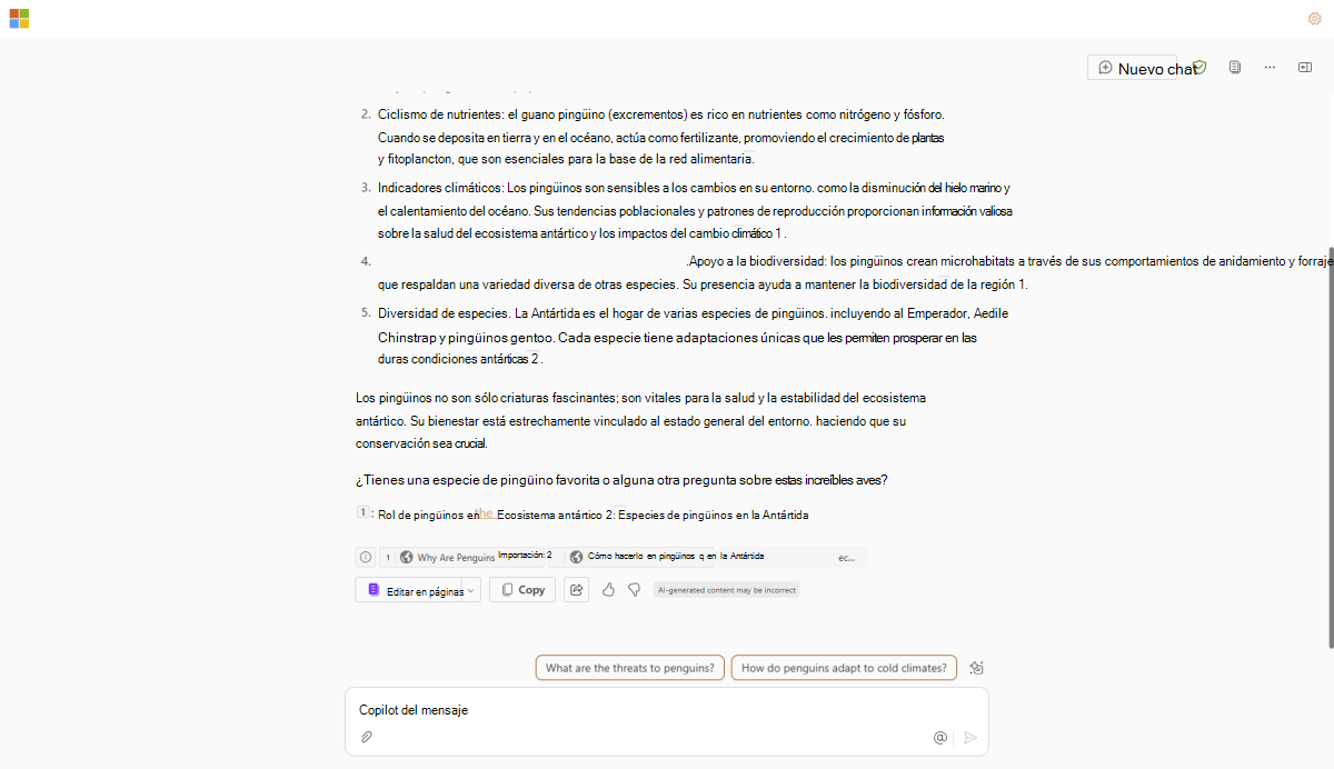 Captura de pantalla de Copilot Chat en Edge generando un resumen de la investigación sobre pingüinos y vínculos para obtener más información al final de la respuesta.