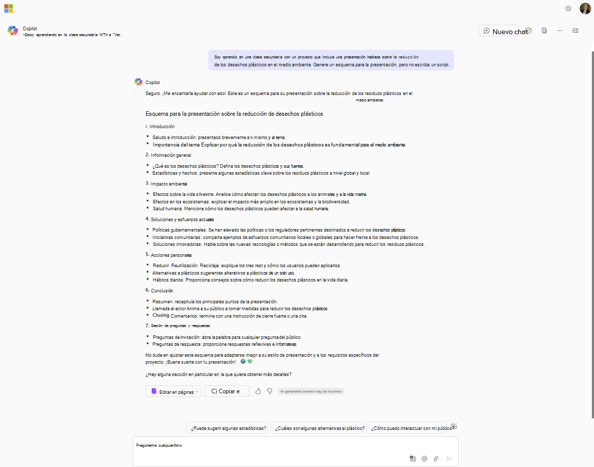 Captura de pantalla de Copilot Chat en Edge con un esquema generado y opciones para exportar como un documento de microsoft Word, PDF o texto sin formato.
