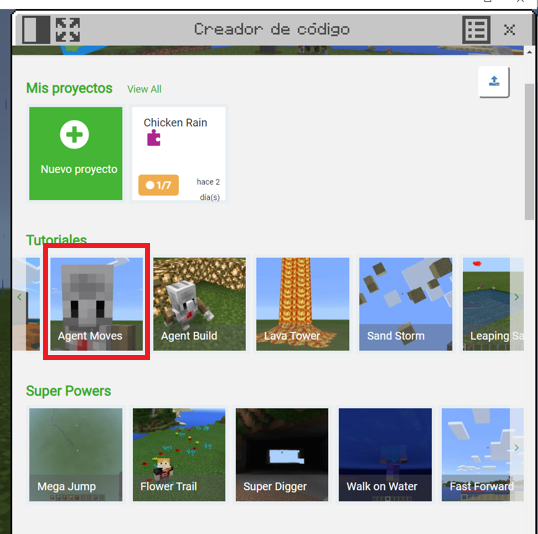 Captura de pantalla Panel de Code Builder: agent moves.