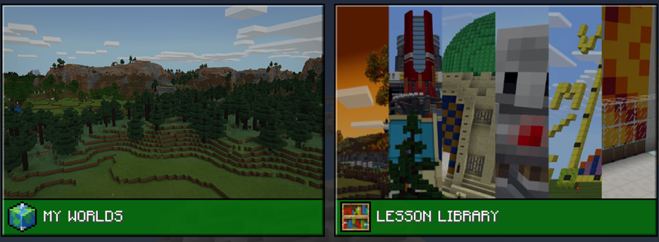 Screenshot of Minecraft Education My Worlds and Lesson Library screens.
