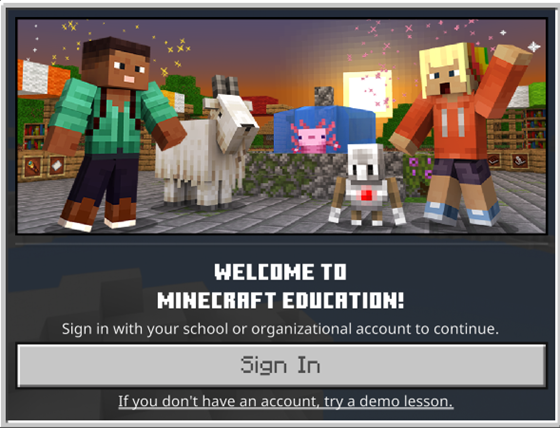 Screeenshot of Minecraft Education sign-in screen.