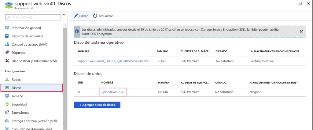 Captura de pantalla que muestra la sección discos de una máquina virtual con el disco duro virtual que queremos editar resaltado.