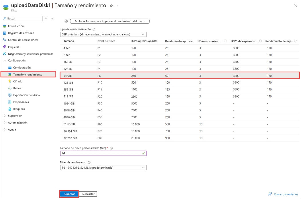 Captura de pantalla que muestra la edición de VHD con el nuevo campo de tamaño resaltado.