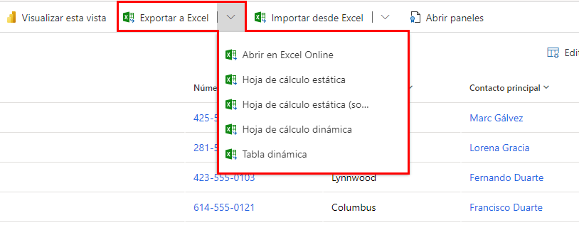 El menú desplegable del botón Exportar a Excel muestra opciones para Abrir en Excel Online, Hoja de cálculo estática, Hoja de cálculo estática (solo página), Hoja de cálculo dinámica y PivotTable dinámica.