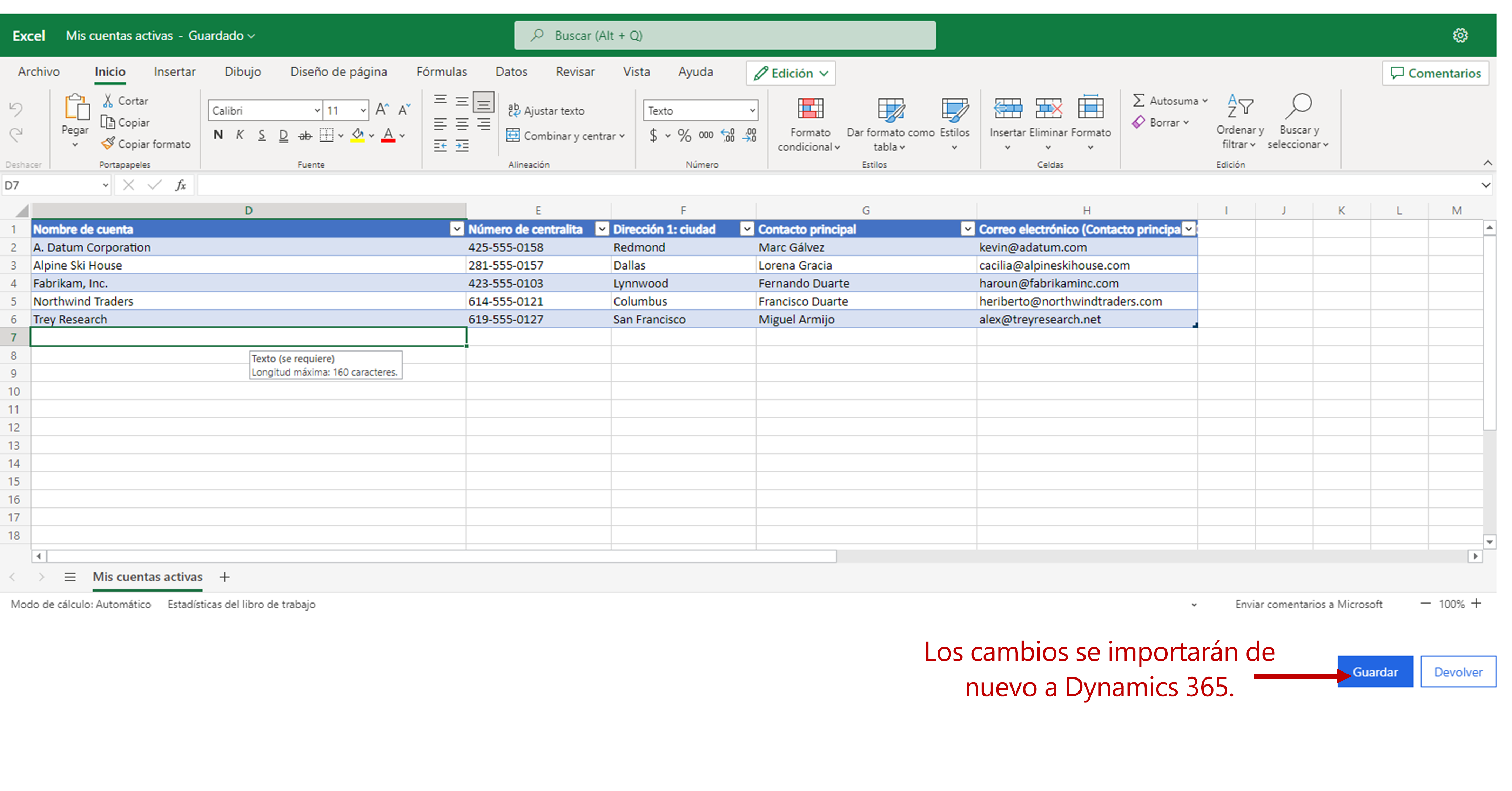 Datos de Dynamics 365 en Excel Online. El botón Guardar está resaltado. Los cambios se vuelven a importar a Dynamics 365 al seleccionar Guardar.