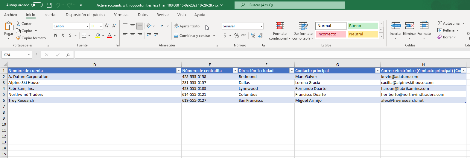 Datos de Dynamics 365 exportados a Excel desde Cuentas activas: oportunidades por encima de 100 000 $.