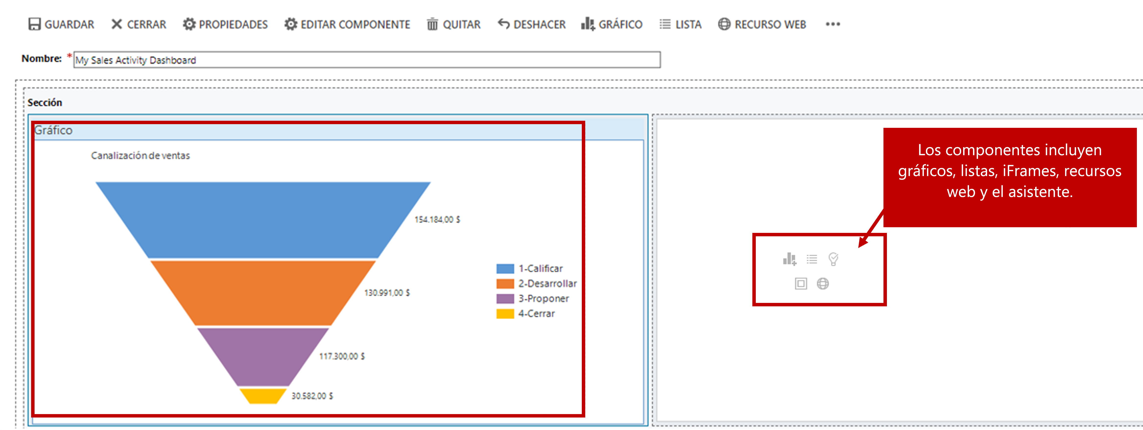 Componente de gráfico y botones para diferentes componentes. Los componentes incluyen gráficos, listas, IFrames, recursos web y el asistente de relaciones.