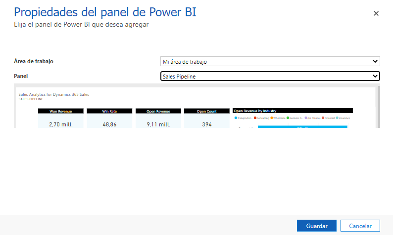 Captura de pantalla de las propiedades del panel de Power BI. Elija el panel de Power BI que desee agregar.