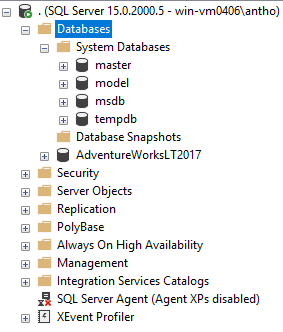 Captura de pantalla de la apariencia de una implementación de SQL Server 2019 en SSMS.