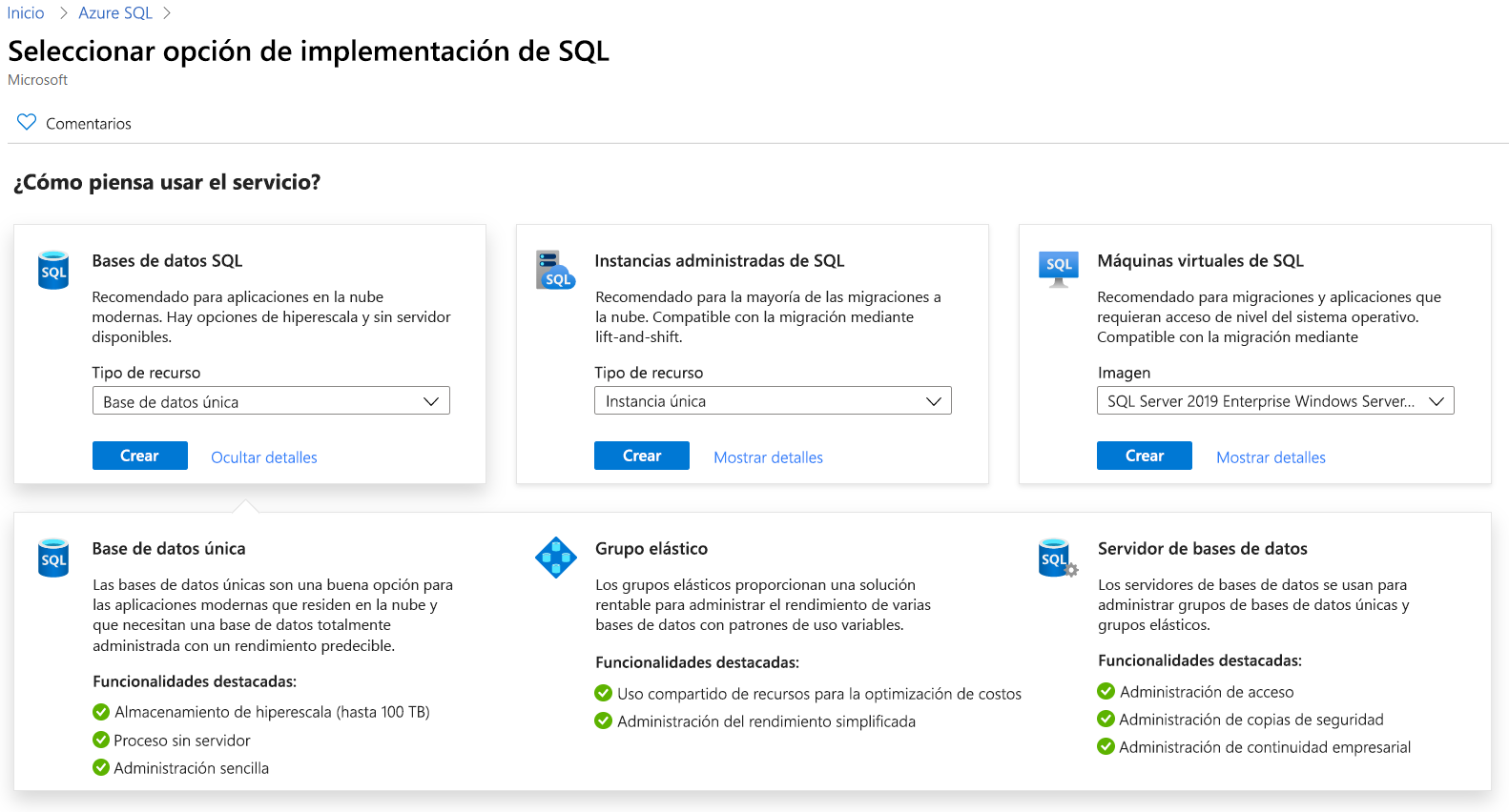 Screenshot that shows the Azure SQL deployment options in the Azure portal.