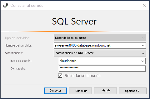 Captura de pantalla de cómo conectarse a SQL Database en SSMS.
