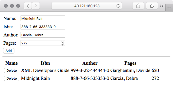 Screenshot of the book web page with sample data populated.