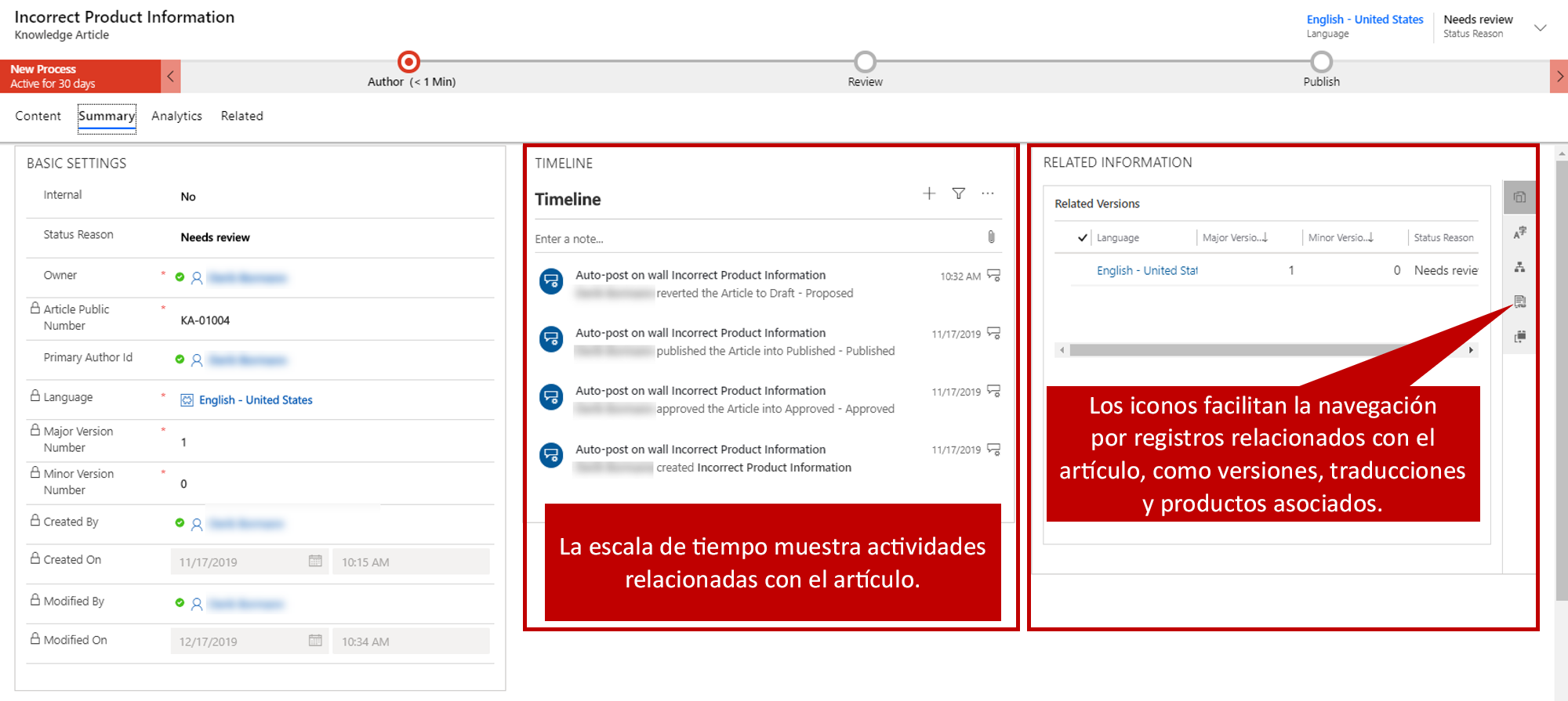 Captura de pantalla de la pestaña Resumen con la escala de tiempo y la información relacionada resaltada.