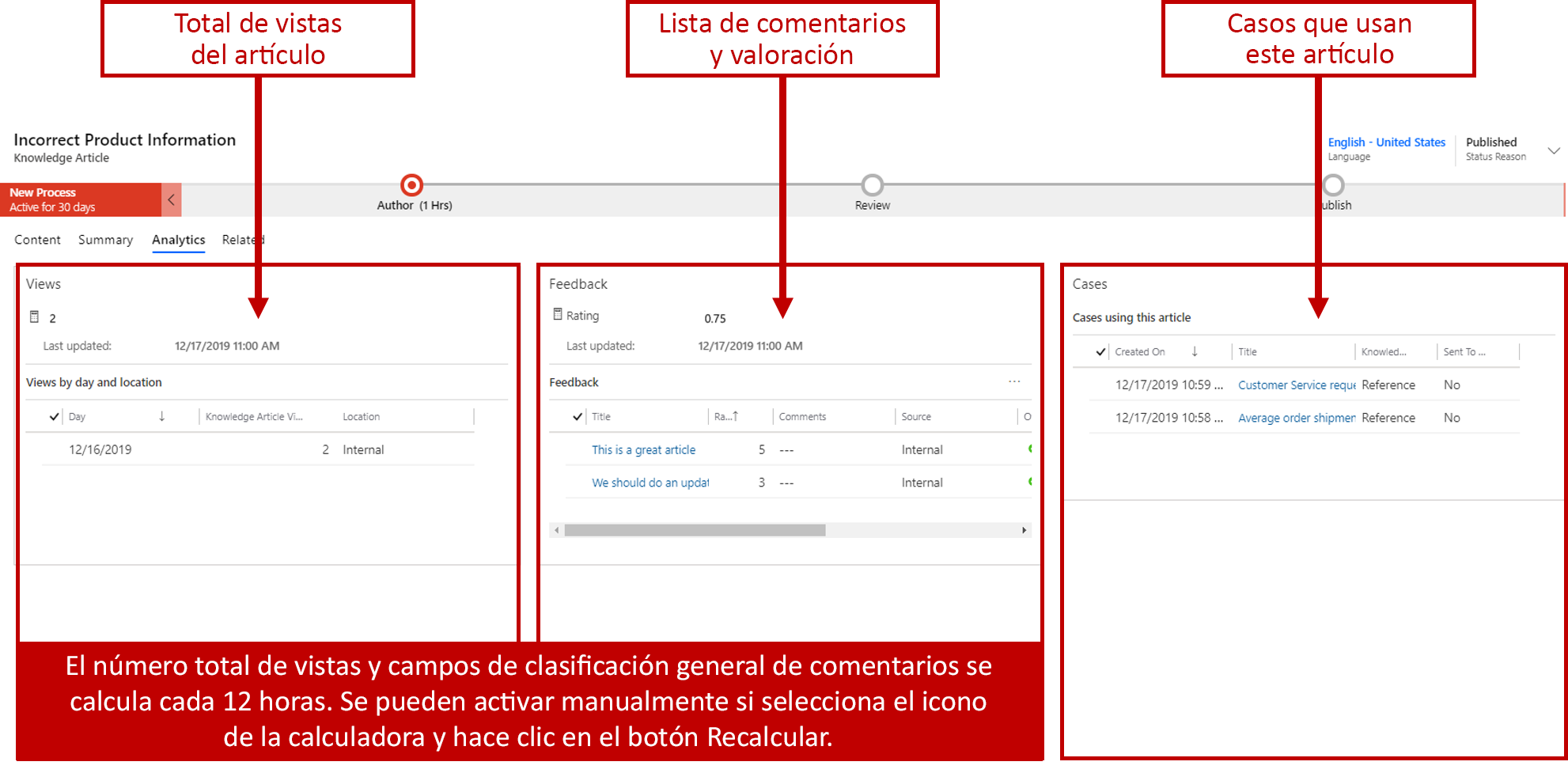 Captura de pantalla de las secciones Vistas, Comentarios y Casos.