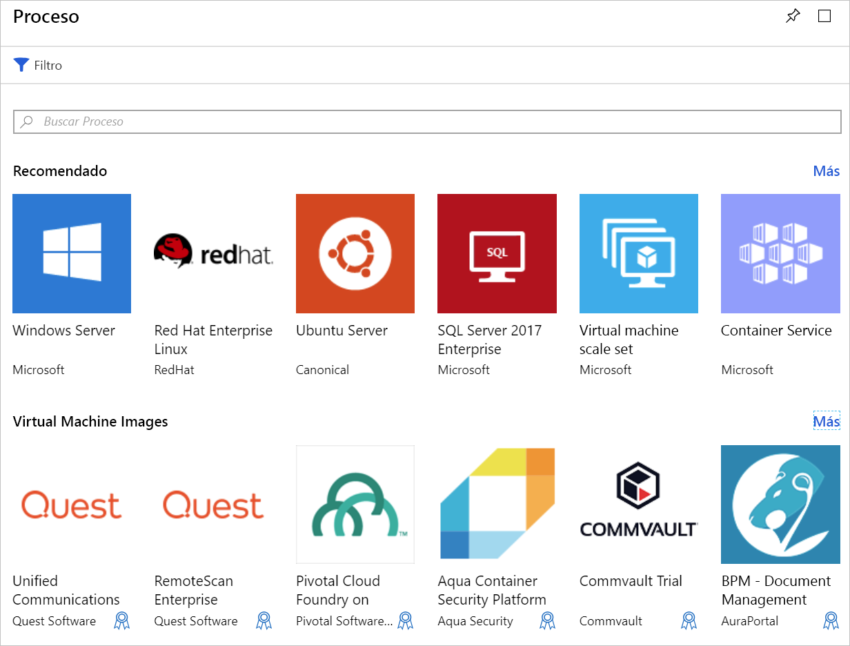 Captura de pantalla de Azure Portal en la que se muestran varias opciones de máquina virtual en Azure Marketplace.