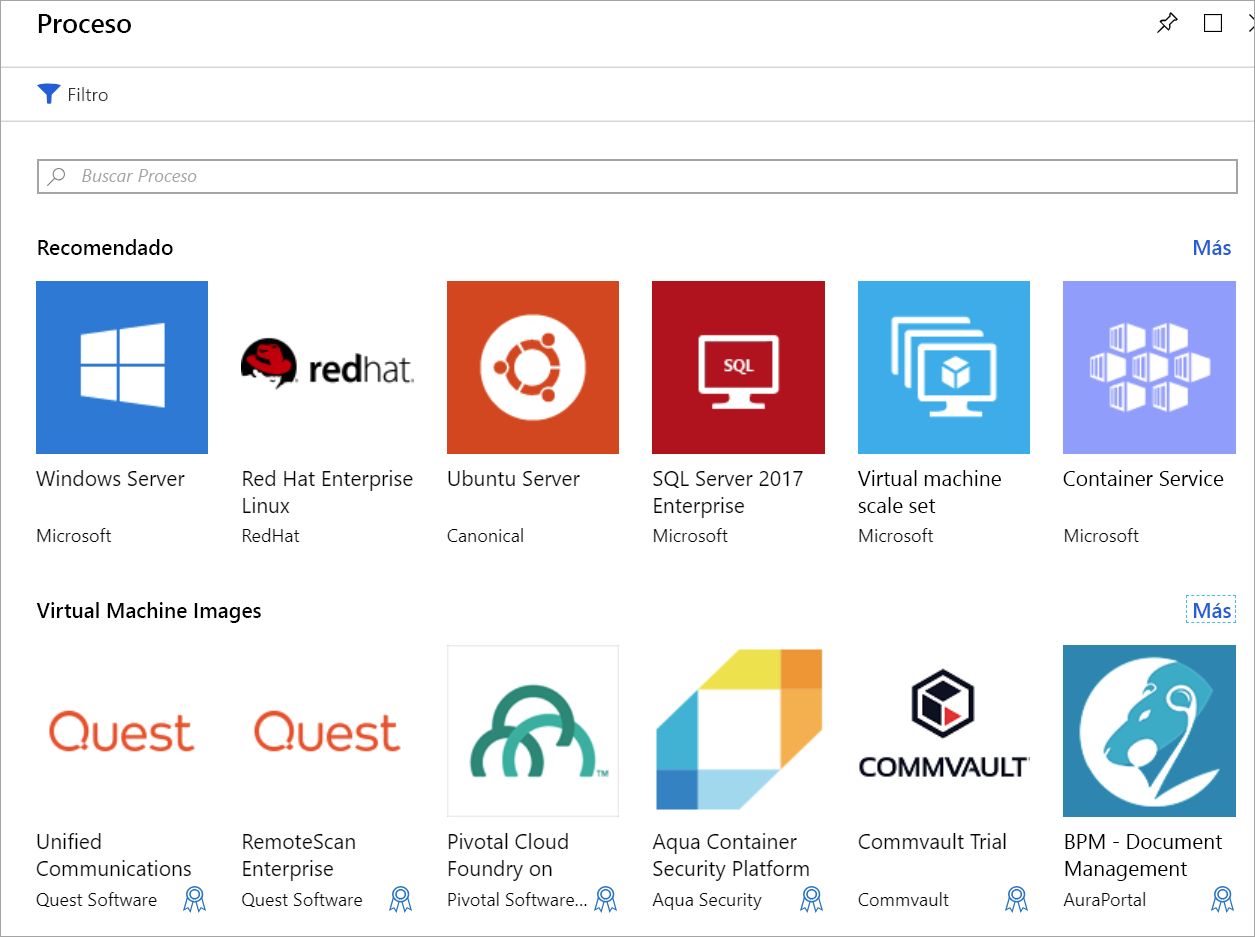 Captura de pantalla que muestra la lista de Azure Marketplace de máquinas virtuales.
